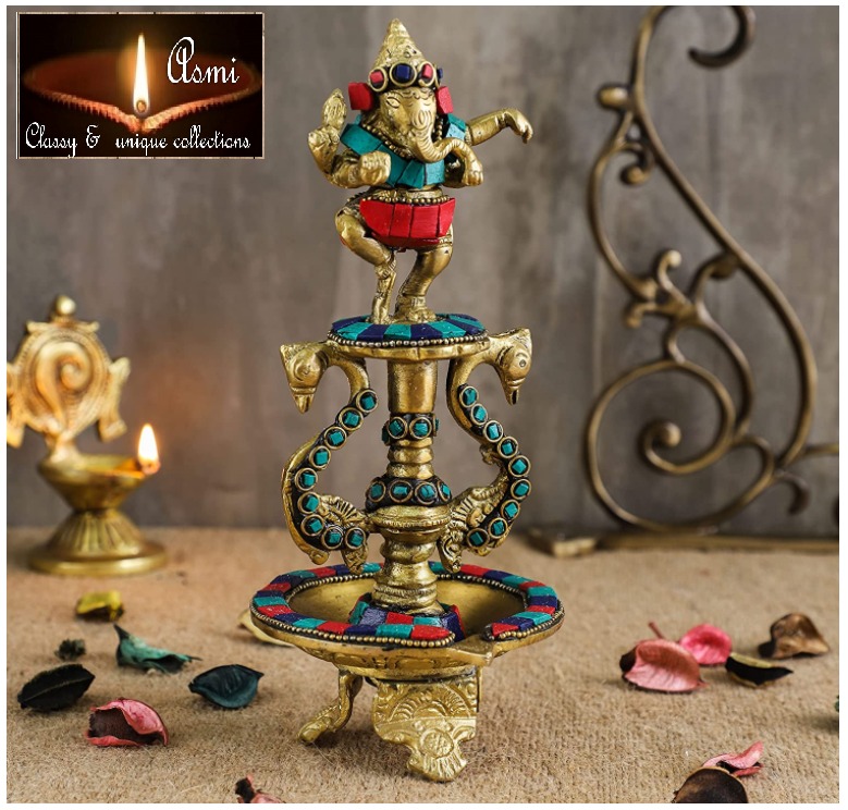 Brass meenakari Ganesh Diya